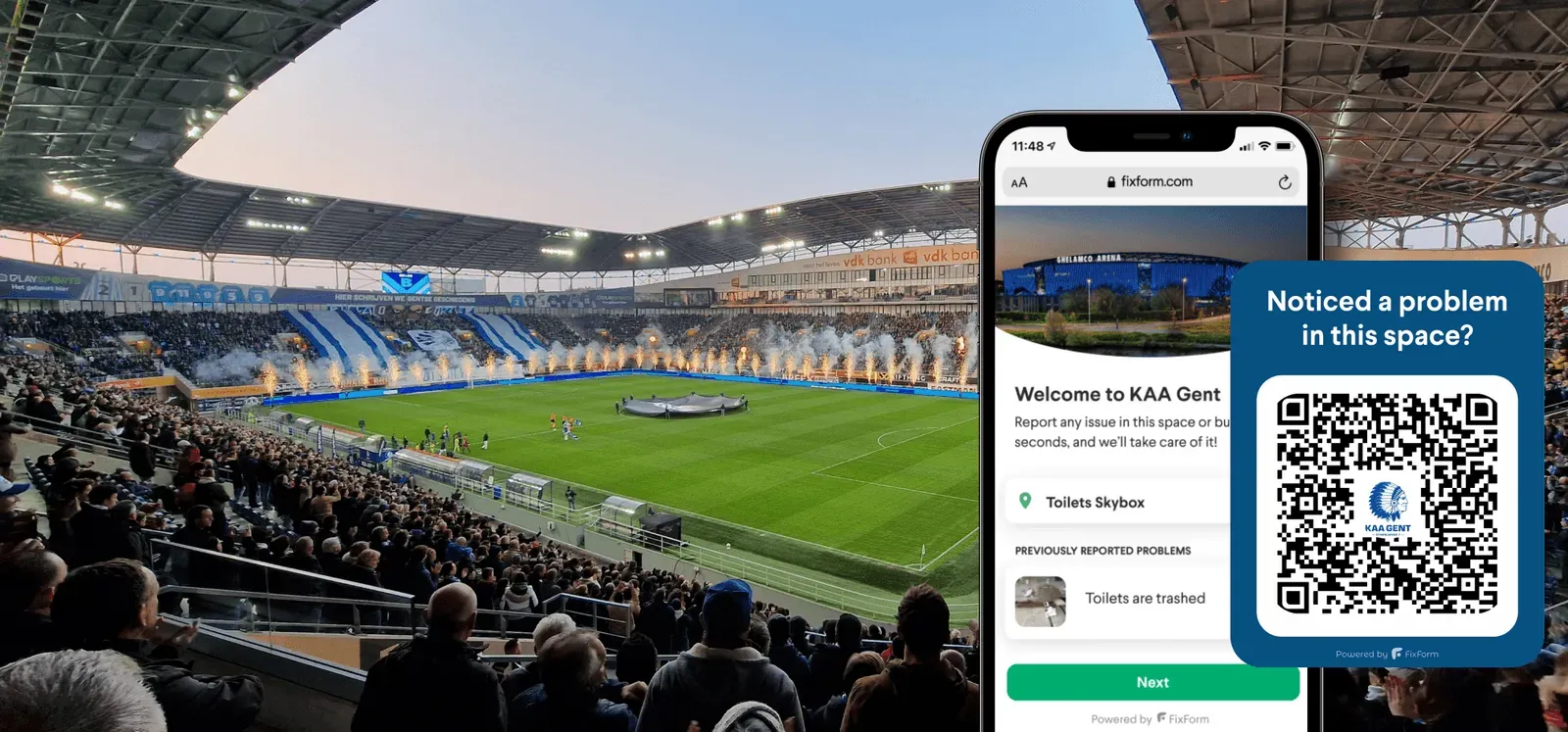 La Planet Group Arena avec la page de signalement FixForm et le code QR sur un téléphone