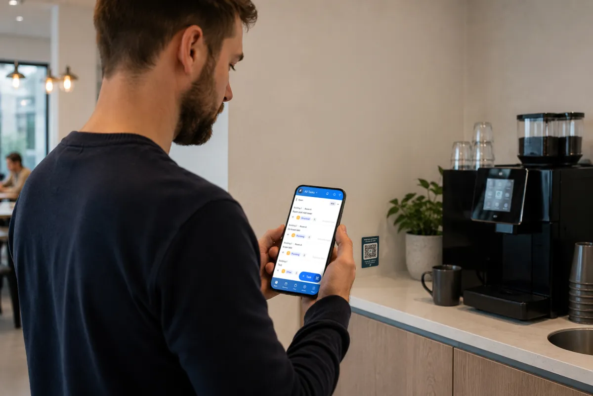Someone scans the QR code next to a coffee machine