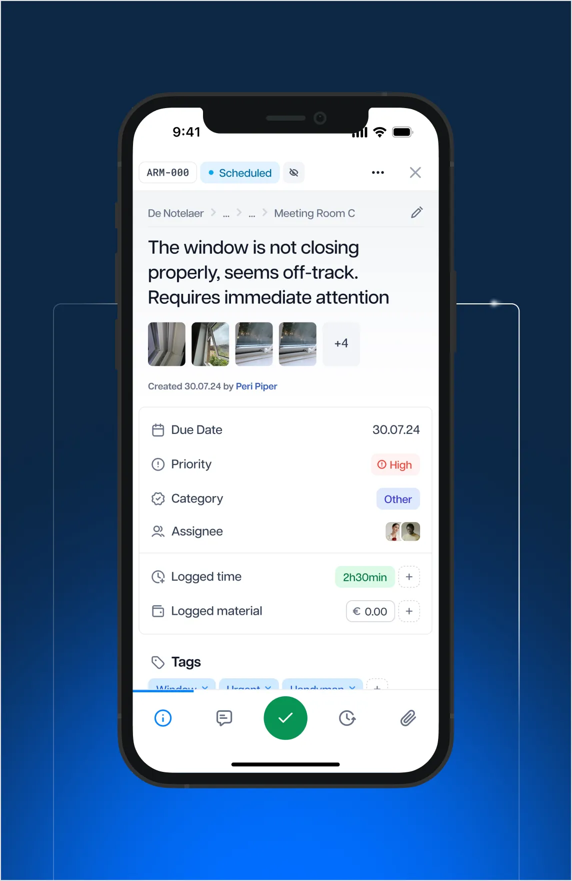 A task in the FixForm app with photos, priority and logged time